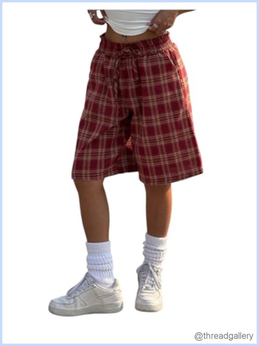 Wide Leg Plaid Bermuda Shorts Drawstring Pockets